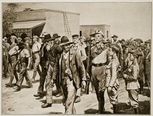 The last attack on Mafeking: B.S.A. Police escorting Boer prisoners to the gaol, from material supplied by Major F.D. Baillie, Special Correspondent of the 